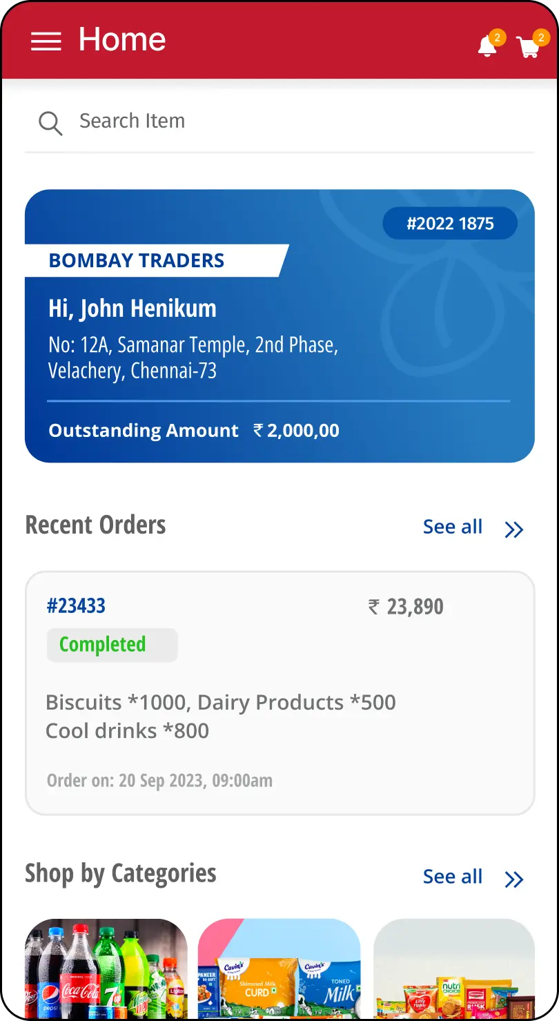 Online ordering app dashboard of distributor and consumer management